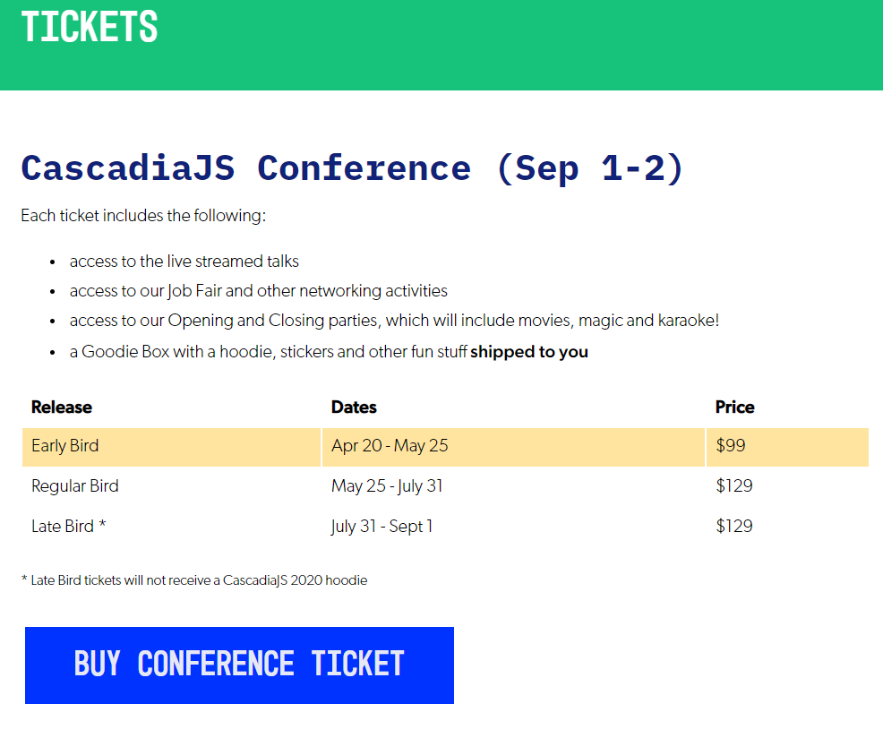 CascadiaJS virtual event pricing