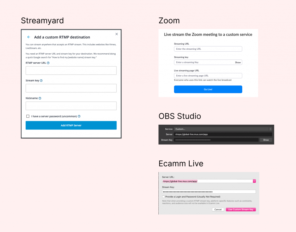 A composite image of the RTMP settings form in four different livestreaming tools, showing that they're all very similar.