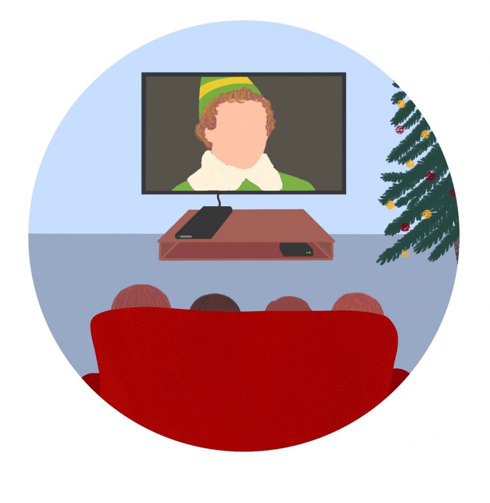 Illustration of the back of a family sitting on a couch watching Elf on TV.