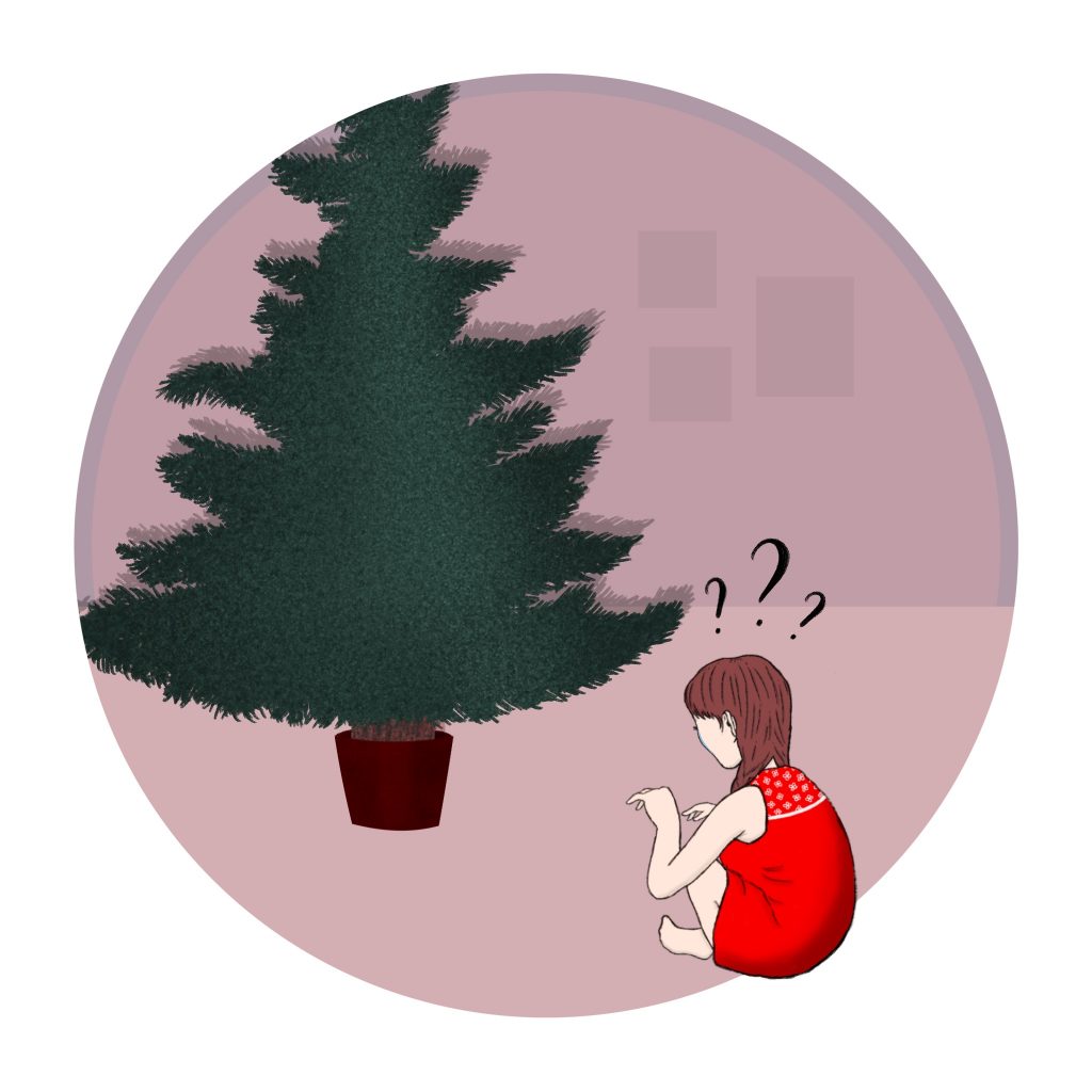 Illustration of a girl looking under a Christmas tree to see no gifts, and some question marks above her head.