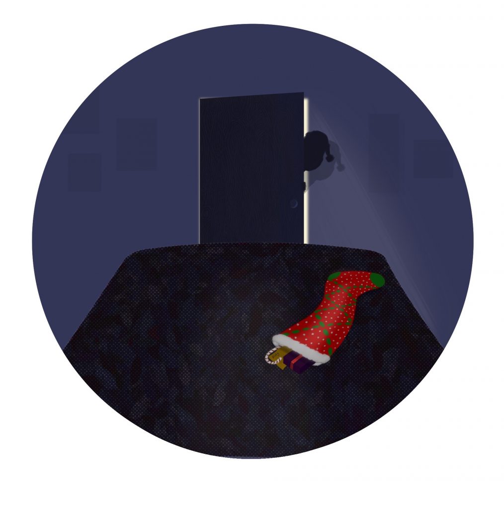 Illustration of a stocking on the foot of the bed, and a door slightly ajar with Santa's shadow in it.